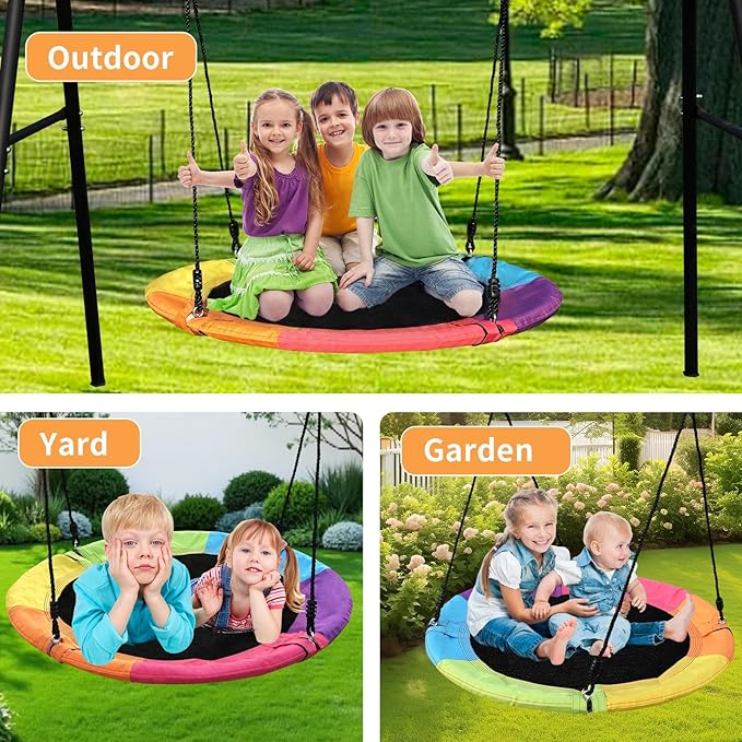 40 Inch Saucer Tree Swing for Kids & Adults – Large Round Disc Swing, 700 lb Weight Capacity with Hanging Straps & Adjustable Ropes for Playground, Backyard & Swingset (Rainbow)