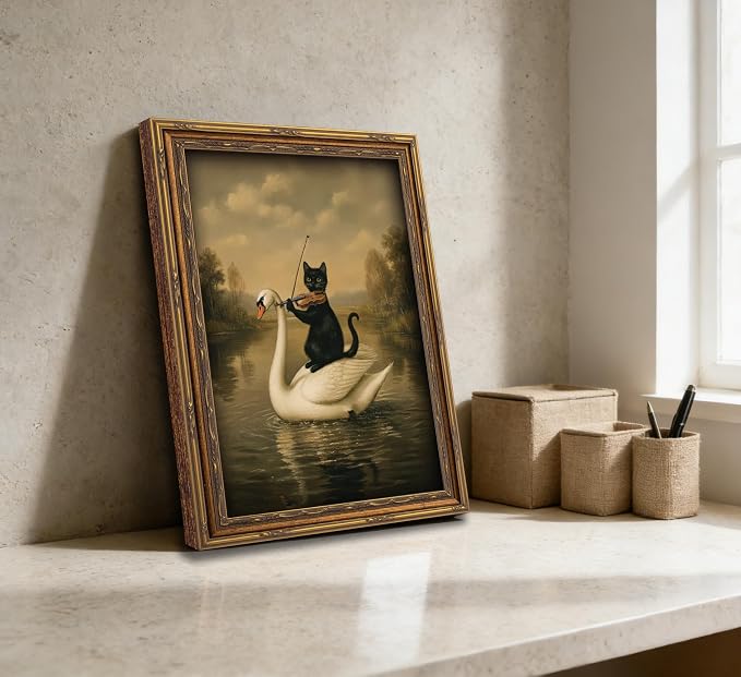 Vintage Gold Framed Black Cat Wall Art,Dark Academia Swan Painting Canvas Print,Moody Cottagecore Cute Animal Wall Decor, Rustic Farmhouse Animal Poster Artwork for Living Room Bedroom Bathroom