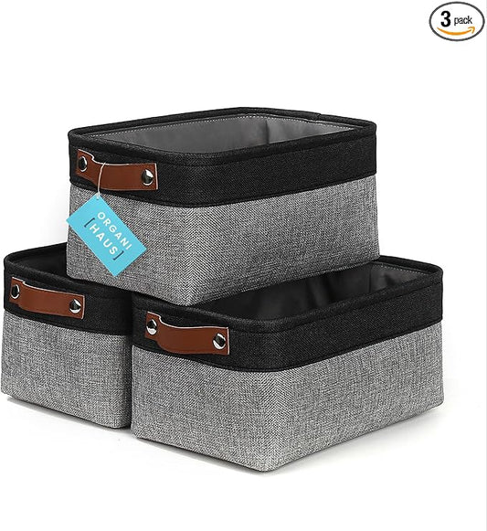 OrganiHaus 12x8in Canvas Storage Baskets, 3 Pack - Fabric Bins for Shelves | Vegan leather handles; a decorative pantry and office organizer, container for desk and books