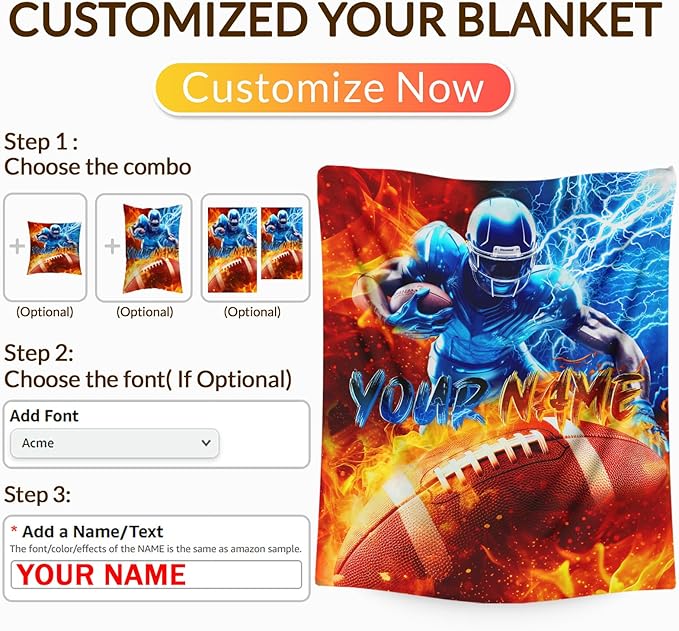 Boys Football Blanket Gift Personalized Sport Throw Blankets for Kids Teens Men, 50x60 Inches Lightweight Comfy Custom Football Throw for Sofa Couch Bed Home Decor