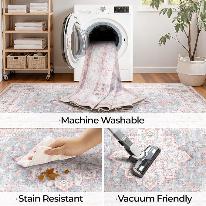 CAPALOCA 7x9 Washable Nursery Girls Low Pile Area Rug Pink Blue | Non-Slip Soft Rugs for Bedroom Kids Playroom Living Room, Print Pattern Water Repellent Carpet Indoor Decor