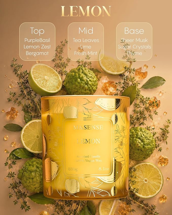 M&SENSE Lemon Soy Candle, 8.1oz Gilded Glass, Office Calming Gift | 42H Long Burn, Vegan Wax, No Toxin, Fresh Air Purifying Calming, Warmer Safe, Reusable Desk Organizer