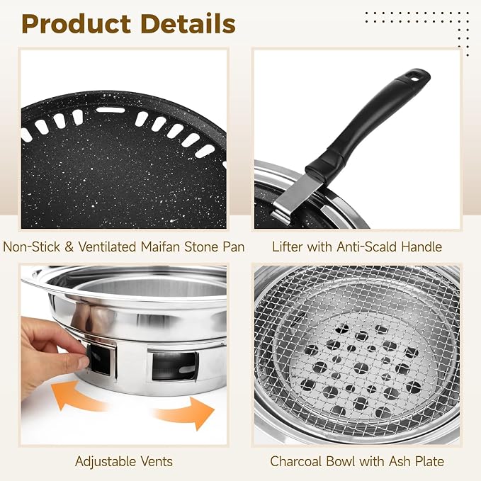 Korean BBQ Charcoal Grill Set, Stainless Steel Tabletop Grill with Maifan-Stone Pan, Mesh Rack, Charcoal Bowl, 13.4 in Portable Grill for Outdoor Cooking, Indoor Korean BBQ, Camping, Patio Grilling