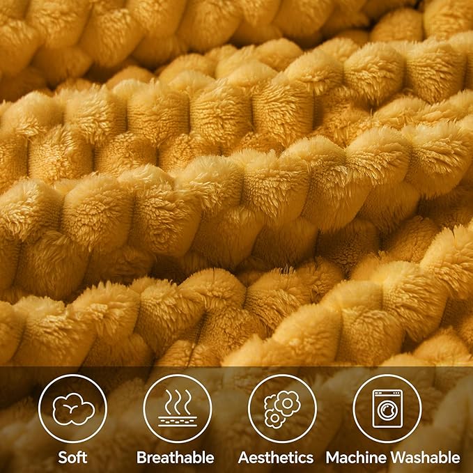 BEDELITE Mustard Yellow Throw Blanket for Couch, Soft Cozy Gifts for Women | 3D Jacquard Decorative Fleece Blanket, Super Soft Plush Throws, Cute Birthday Gift for Women, Suitable for All Seasons, 50*60