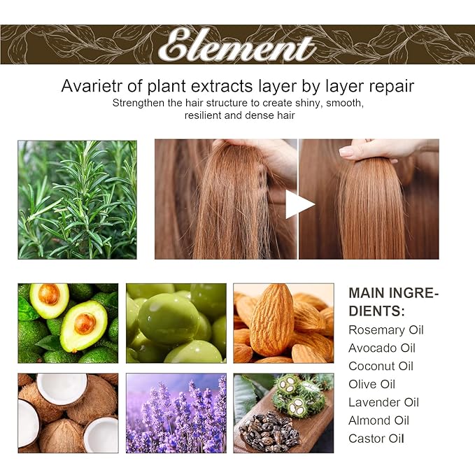 60 ML Veganic Natural Hair Growth Oil, Eelhoe Hair Growth Hair Organic Rosemary Oil, for Dry Damaged Hair and Growth Thin Hair. (1 Pcs), Yellow