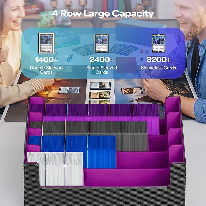 UAONO Trading Card Storage Box, Holds 2400 Sleeved Cards with 24 Dividers & 4 Stoppers, Magnetic Closure PU Leather Card Case for MTG, PTCG, YGO, Sports Cards (Black&Purple)