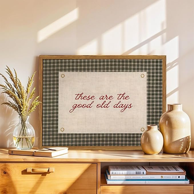 Framed These Are The Good Old Days Wall Art, Vintage Family Inspirational Quote Pictures Wall Decor, Retro Green Gingham Paintings Prints Motivational Home Decor for Living Room Bedroom 12x16 inch