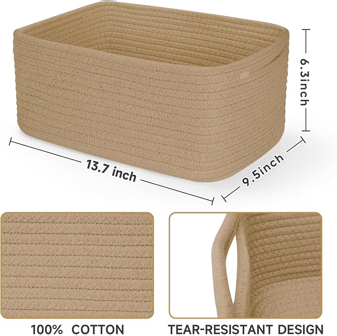 3 Pack Storage Baskets for Organizing, 13.7×9.5×6.3", Brown | Woven Baskets for Shelves, Cotton Rope Basket for Gifts Empty, Closet Organizer Bins with Handles, Cube Decorative Box