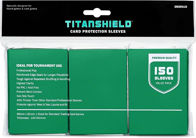 TitanShield Premium Card Sleeves | Compatible with Pokemon, One Piece, Lorcana, Flesh & Blood, & Magic The Gathering MTG | (150 Sleeves - Standard) (1, Emerald, Standard | 66x91mm)