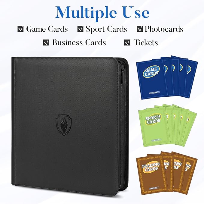 Premium Zip Card Binder 12 Pocket, Fabmaker 912 Pockets Trading Card Binder, PU Zipper Card Collection Album, Sturdy Side-Loading Card Book Holder for Game & Sports Cards, Navy Blue