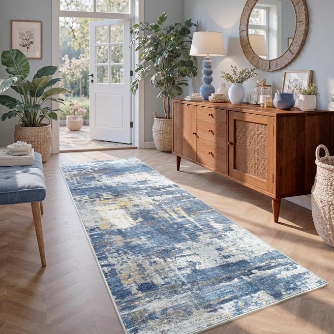 2x6 Ft Washable Runner Rug, Non-Slip Low Pile Hallway Kitchen Area Rug, Soft Long Entryway Floor Mat Abstract Pattern Carpet for Bedside & High-Traffic Areas (Blue/Gold)