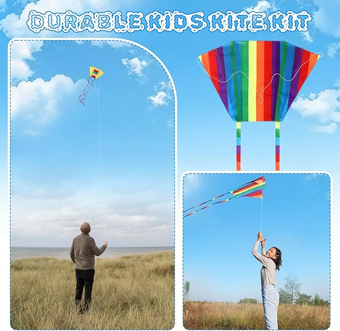 4 Pcs Rainbow Parafoil Kite for Adults Easy to Fly Pocket Kites with 59 Inch Long Tail 164 ft Kite Reel String for Summer Party Beach Park Garden Playground Outdoor (4 Styles)