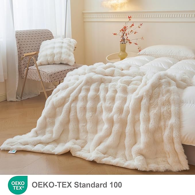LIFEREVO Luxury Fluffy Faux Rabbit Fur Throw Blanket 60x80, Beige | Plush Bubble Lap Throw for Couch Sofa Office, Soft Cozy Furry Ivory Bed Blanket Home Decoration, Washable & Skin-friendly