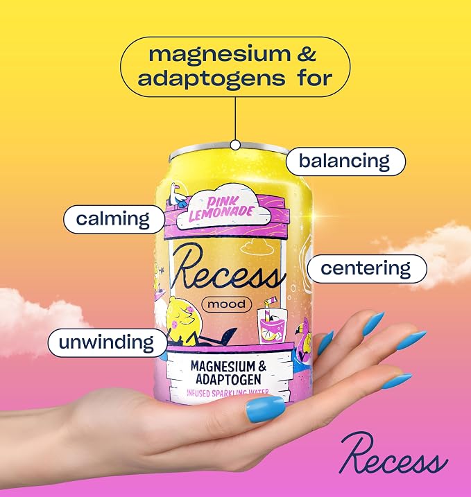 Recess Mood Magnesium & Adaptogen Drink, Relaxation Beverage, 12 ounce (Pink Lemonade, 12 pack)
