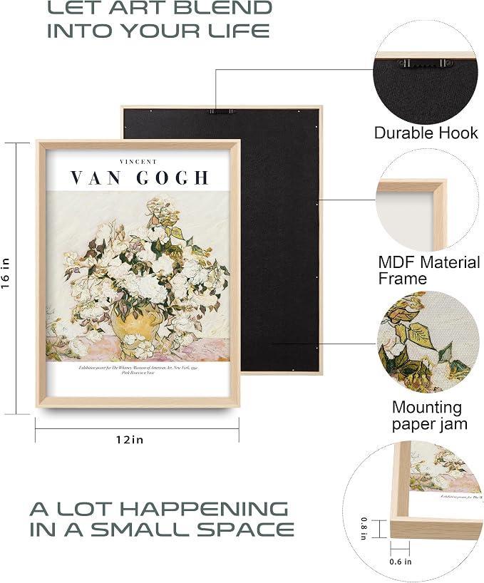 HesenDot Van Gogh Framed Wall Art, Neutral Canvas Prints Set of 3 | 12x16IN High Framed Design Prints, Floral Landscape Artwork, Vintage Wall Decor for Living Room Bedroom Gallery Office