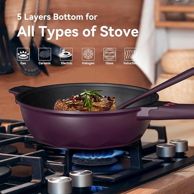 TIBORANG 11 Inch Nonstick Frying Pan with Lid,8-in-1 Multipurpose Cookware | 5 Qt Deep Sauté Pan Skillet with Steamer, Dishwasher & Oven Safe, Induction Compatible, Stay-Cool Handle, Midnight Purple