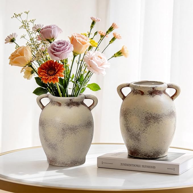 Ceramic Flower Vase, Large White Flower Vase Tall Rustic Farmhouse Decorative Vase Floral Pottery Vases Gifts for Women Birthday Gifts Vases for Home Decor, Living Room, Table, Neutral