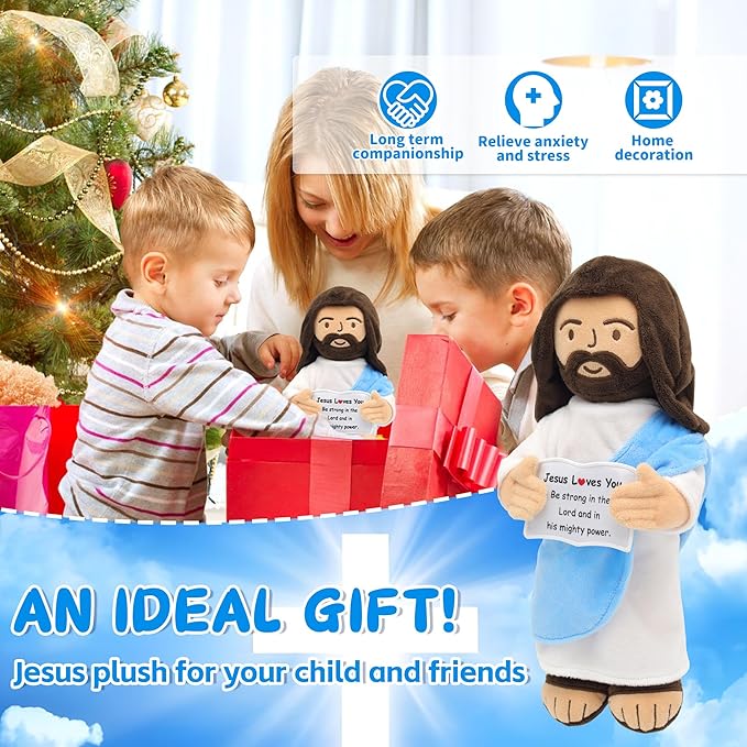 Jesus Plush, 13" Jesus Stuffed Plushie Doll with Positive Card for Christmas Religious Easter Church Sunday School Toy Gift for Kids (C)