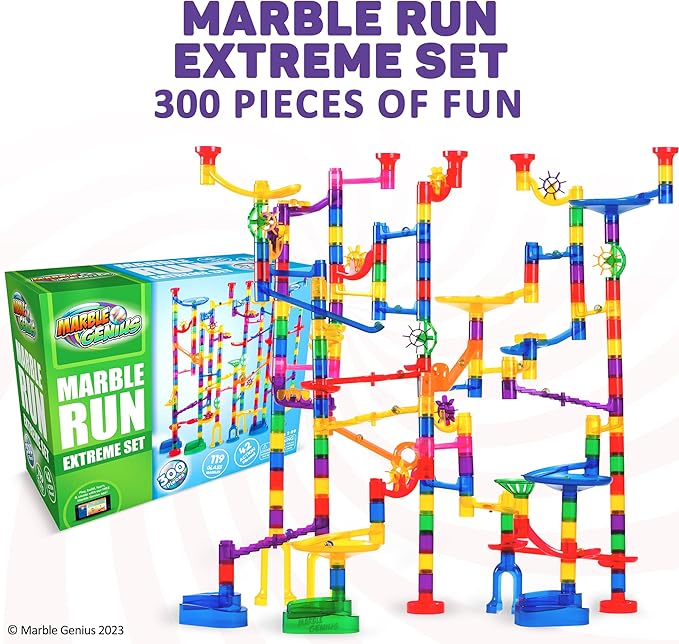 Marble Genius Marble Run - 300 Complete Pieces Maze Track Toys for Adults, Teens, Toddlers & Kids Aged 4-8 Years Old, (181 Translucent Marbulous Pieces + 119 Glass-Marble Set), Extreme Set