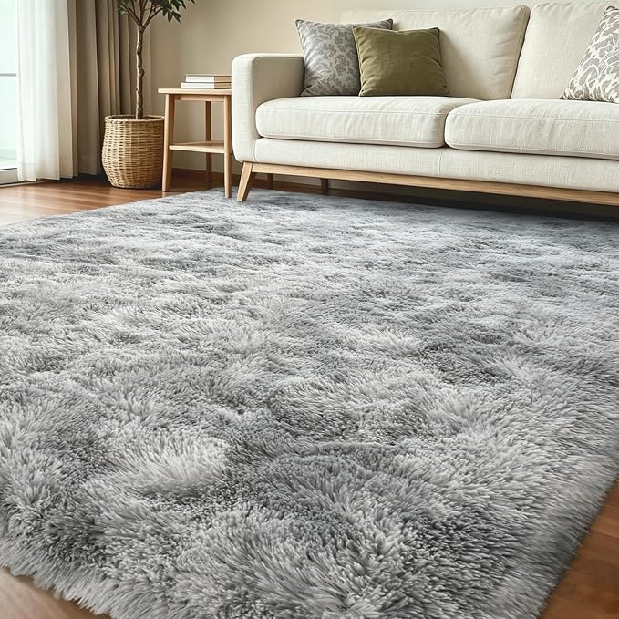 4x6 Ft Shag Rugs for Bedroom Living Room, Tie-Dyed Ultra Soft Fluffy Furry Area Rugs for Indoor Floor, Aesthetic Carpet for Kids Home Decor (Grey)
