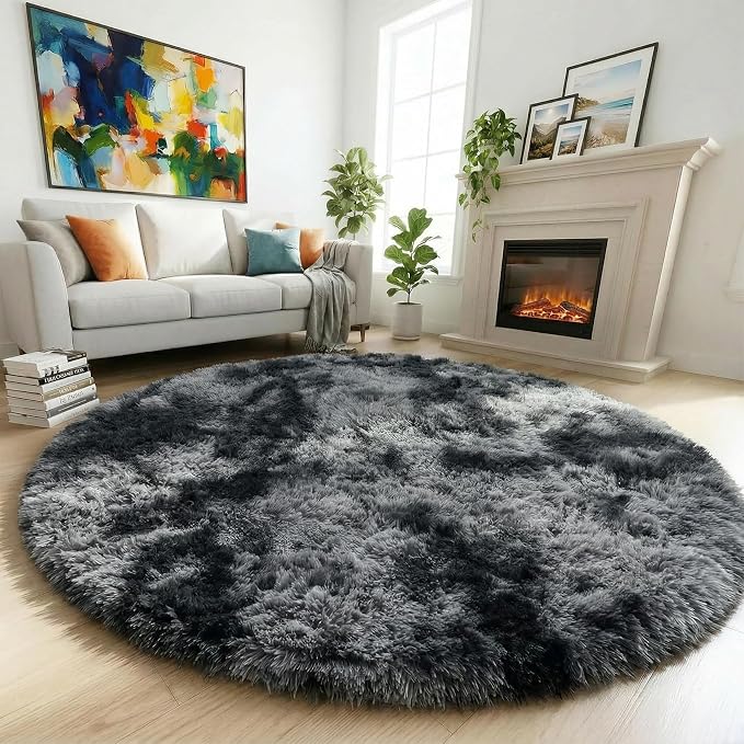 Amdrebio Tie-Dyed Dark Grey Round Rug 4Ft for Bedroom Dorm, Soft Furry Shaggy Circle Area Rugs for Living Room Office, Shag Fluffy Fuzzy Carpet for Kids Teen Boys Mens, Modern Cool Floor Circular Rug