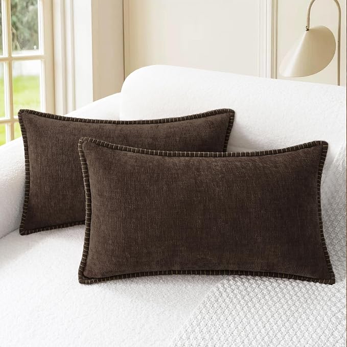 CaliTime Decorative Couch Throw Pillow Covers 20 X 12 Inches Coffee | Pack of 2, Cozy Chenille Cushion Cases, Cotton Thread Stitching Edges, for Sofa Bed Living Room Farmhouse