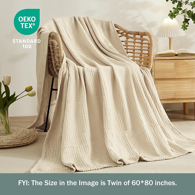 EMME Muslin Blankets for Adults Throw Blanket for Couch Breathable Gauze Soft Lightweight Airy Beige Twin XL 66" x 90"