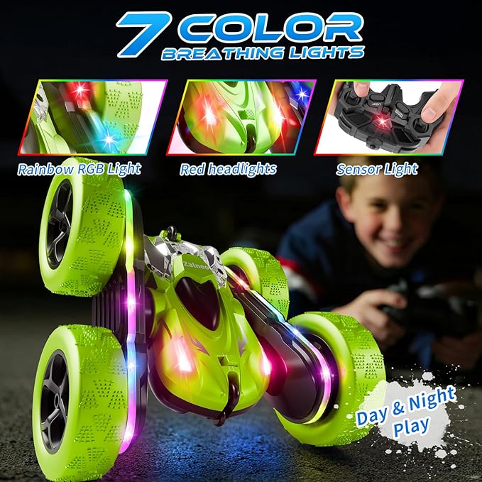 Remote Control Car – 4WD 360° Flip Double‑Sided RC Stunt Car LED Light Bar & USB‑C Modular Battery, Off‑Road Toys for Boys Ages 6‑12, Birthday Gift, Black‑Green