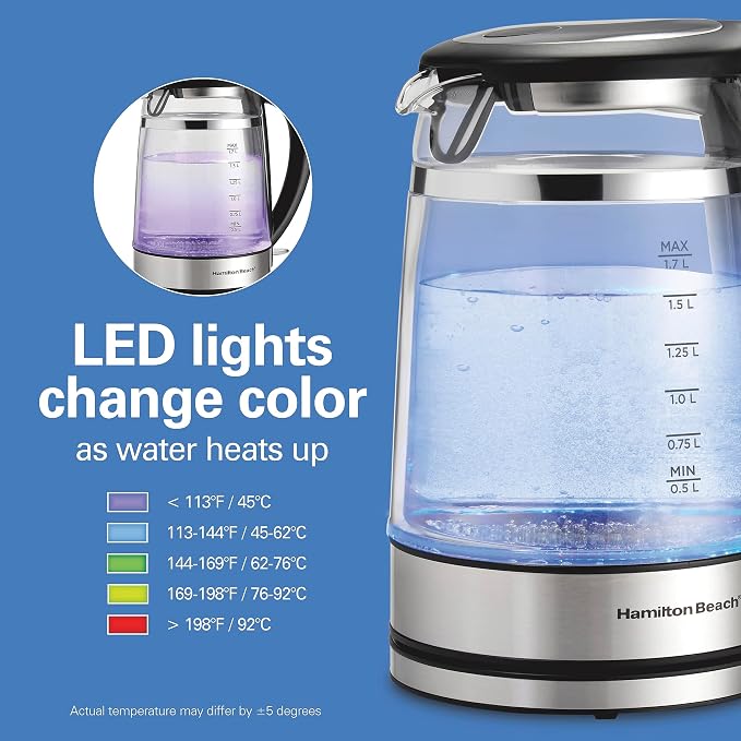 Hamilton Beach Double Wall 1.7L Electric Kettle, Water Boiler & Heater, Built-In Mesh Filter, Auto-Shutoff & Boil-Dry Protection, Cordless Serving, Variable LED Indicator, Glass (40850)