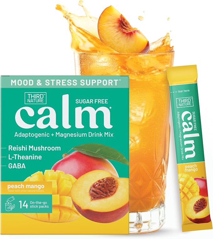 Third Nature Calm Powdered Drink Mix for Stress Support, Relaxation, Healthy Cortisol & Focus - No Sugar, Non-GMO On-The-Go Calming Drink with Magnesium Glycinate, GABA, Peach Mango, 14 Stick Packs