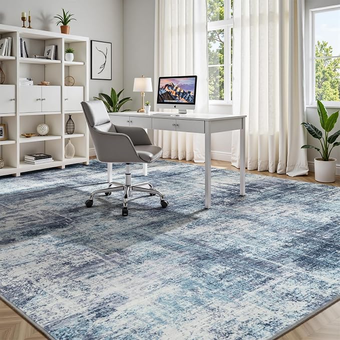 8x10 Area Rug for Living Room, Abstract Washable Non-Slip Large Rugs, Blue | Soft Neutral Carpet for Bedroom, Dining Room, Home Office Nursery Indoor, Stain Resistant, Non-Slip, Low Pile Modern Rug