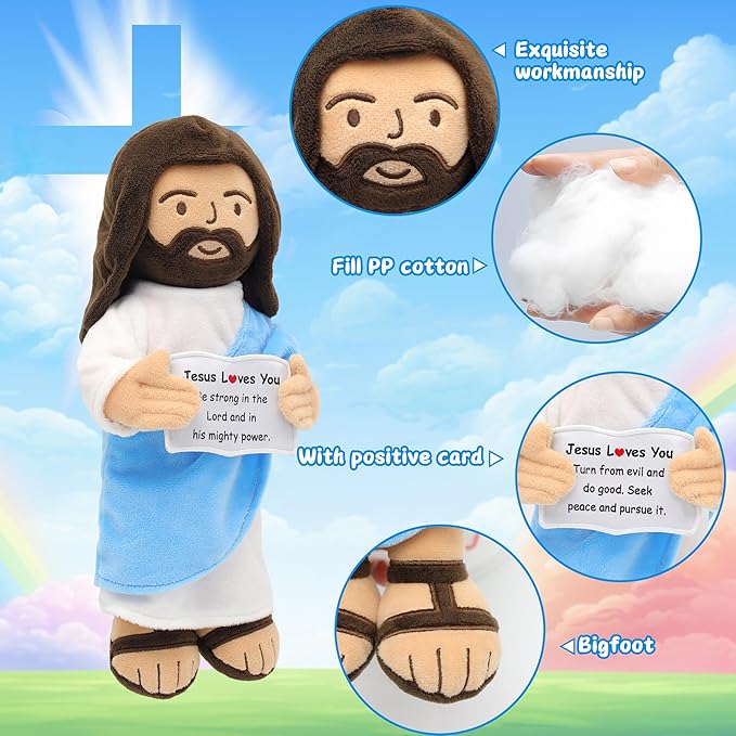 Jesus Plush, 13" Jesus Stuffed Plushie Doll with Positive Card for Christmas Religious Easter Church Sunday School Toy Gift for Kids (B)