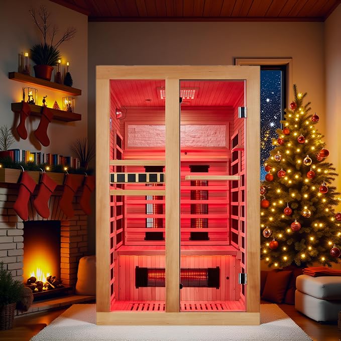 2 Person Infrared Sauna, Full Spectrum Home Sauna with Red Light Therapy, 15 Minutes Pre-Warm up Indoor Dry Saunas with 2-in-1 Door Handle, Canadian Hemlock,7 Color Light Belts, 110V