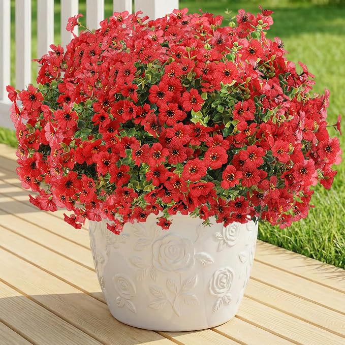 13 Bundles Artificial Flowers for Outdoors Summer Decoration | Silk Realistic UV Resistant Fake Plants Faux Flowers for Outside Planter Porch Yard Patio Garden Home Indoor, Red