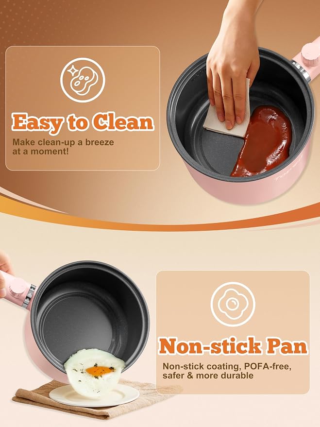 Topwit 1.5L Hot Pot Electric, Portable Ramen Cooker, Non-Stick Frying Pan | BPA-free, Glass Lid, Overheat & Boil-dry Protection, Electric Pot for Pasta, Steak, College Dorm Office Travel Essentials
