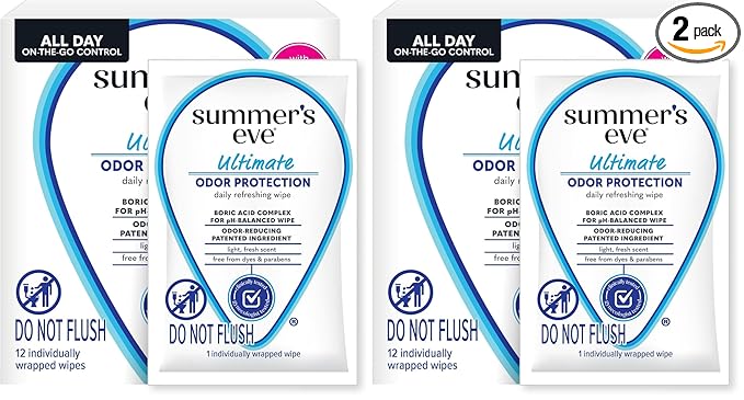 Summer's Eve Ultimate Odor Protection Daily Feminine Wipes, Gentle pH-Balanced Formula with Boric Acid Cleanses & Removes Vaginal Odor, Individually Wrapped Body Wipes, 12 Count (Pack of 2)