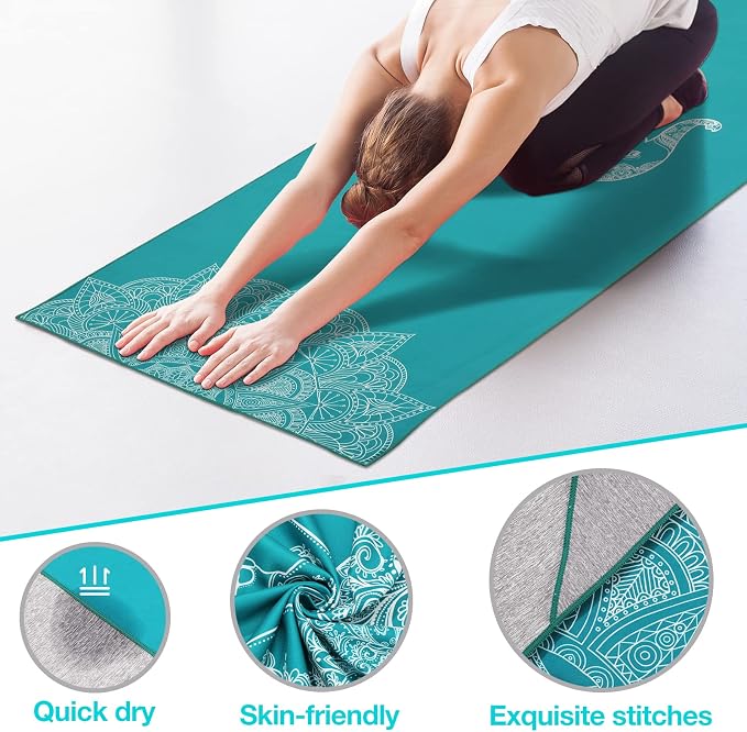 MoKo Yoga Towel, Non Slip Hot Yoga Mat Yoga Blanket Printing Pattern Quick Dry with Corner Pocket for Bikram, Pilates, Gym Workout, Outdoor Picnic, Lake Blue & Elephant