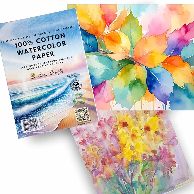 Creo Crafts 100% Cotton Watercolor Paper Pad 8x5” – 36 Sheets, A5, Cold Pressed, Acid-Free, pH Neutral, Premium Artist-Grade Paper for Painting, Drawing & Mixed Media