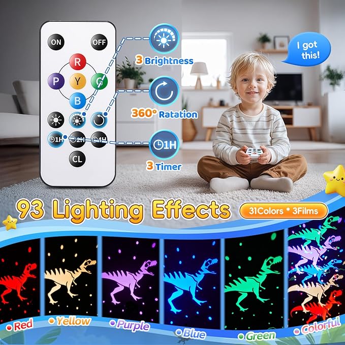Dinosaur Toys for Kids 3-5, 【Remote+3 Films+93 Effects】 Dinosaur Toys for Kids 2-4, 【3 Timer+5 Brightness】 Toys for 3 Year Old Boys, Rotate 3 Year Old Boy Gift, 5 Year Old Boy Birthday Gift
