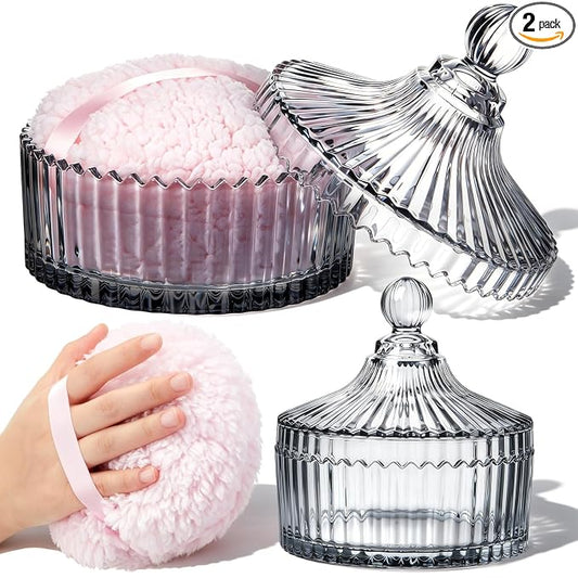 Tioncy 2 Pcs Extra Large Dusting Powder Puff and Container for Women-6'' Glass Crystal Dusting Powder Container with Body Soft Washable Reusable Velour Face(Gray,Classic)