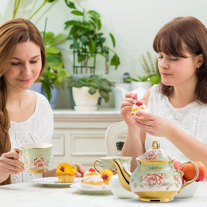 20 Pieces Porcelain Tea Set With Metal Holder, European Ceramic tea set for adults,Flower Tea Set,Tea Set For Women With Flower Painting（Light Green）