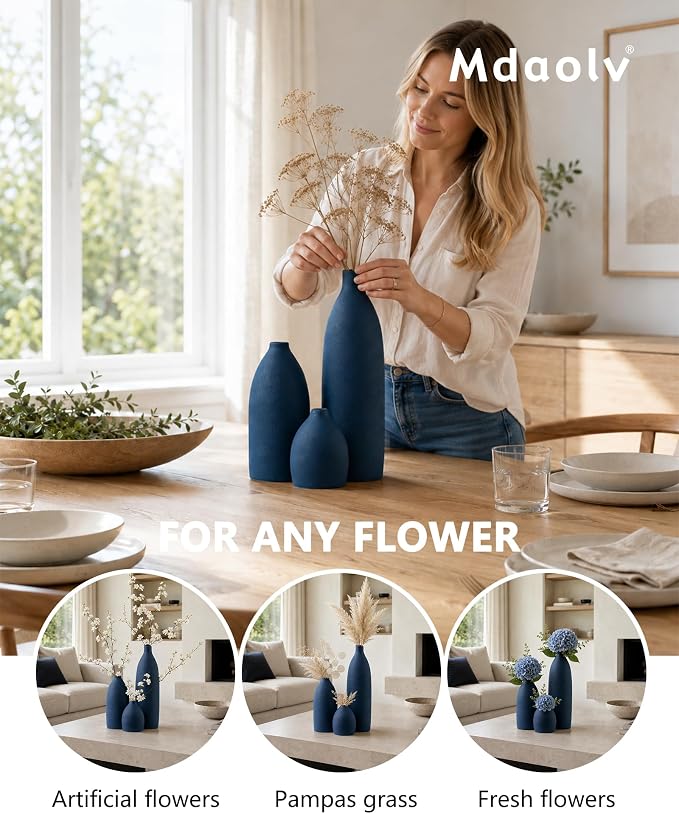 Mdaolv Matte Blue Vase Set Navy Blue Decor Coastal Decor Vases for Kitchen Island Living Room Office Table Fireplace Mantle Decorations & Bathroom Shelf Decor Centerpiece Table Decorations Ceramic