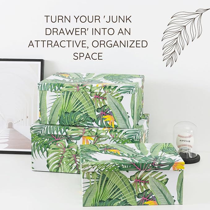Soul & Lane - Tropical Breeze Decorative Storage Boxes with Lids, Set of 3 | Large Nesting Keepsake Boxes for Photos and Gifts, Green Jungle Leaves Palm Tree Containers, Hawaiian Beach Theme Decor