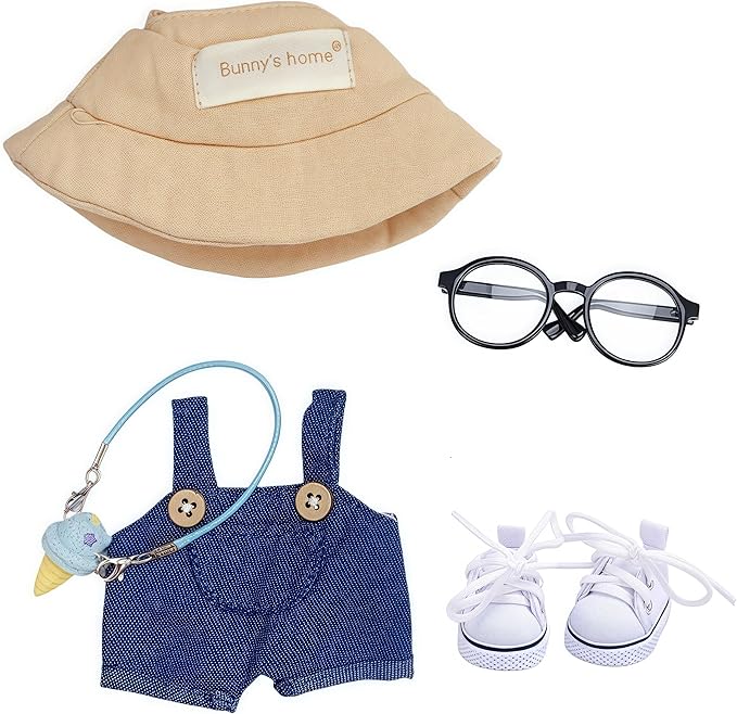 Designer Clothes for Doll, 17cm Labooboo Dolls Demin Overalls Clothes, Cute Doll Outfit Accessories with Denim Overall, Ice Cream, Glasses, Shoes and Straw Hat, NZ001