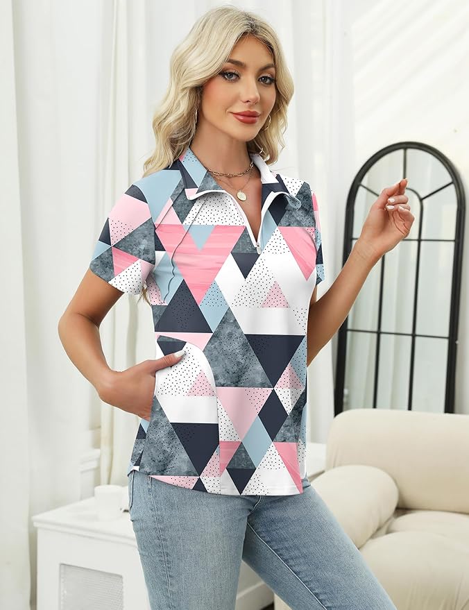 LOMON Womens Golf Polo Shirt Summer Short Sleeve Quarter Zip Outfit | Side-Pockets,Princess Seams,Cotton,Wrinkle Free,Moisture Wicking,Quick-Dry,Lightweight,Collared,for Tennis Workout