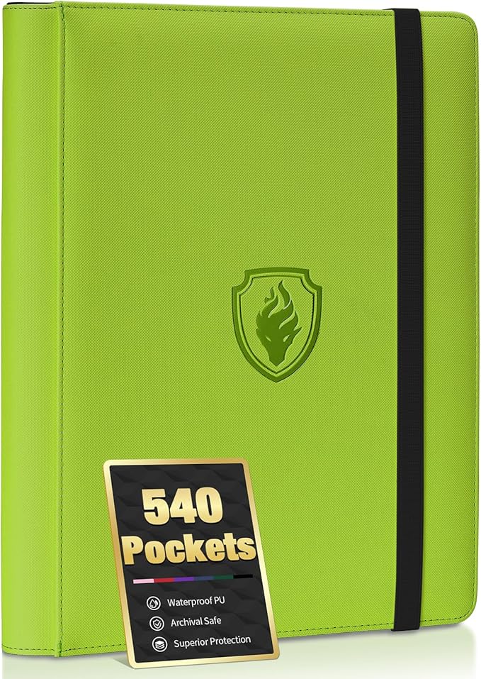 Premium 9 Pocket Card Binder for 540 Cards, Fabmaker PU Cover Trading Card Binder, Sturdy Card Collection Album, Sleek Card Holder Folders for Game Cards & Sports Cards, Green