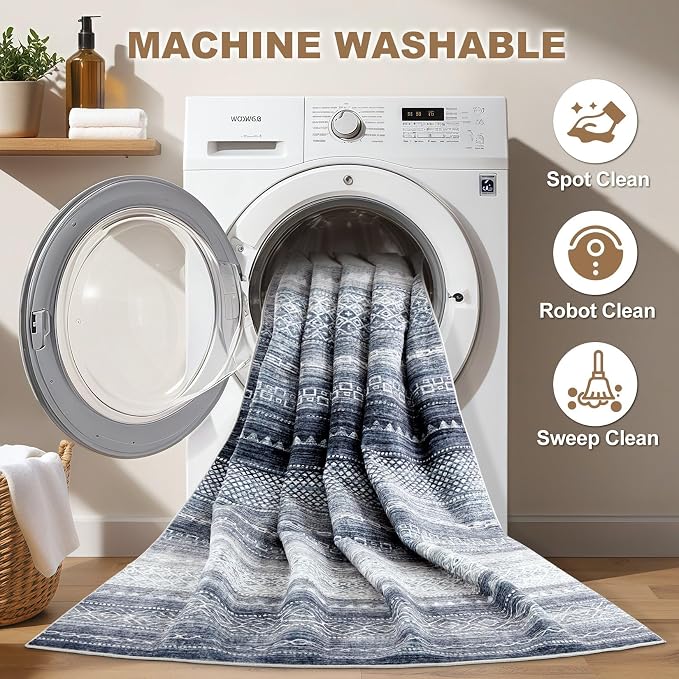 Nakagishi Area Rug Living Room Rugs: 3X8 Machine Washable Boho Large Neutral Farmhouse Stain Resistant Moroccan Indoor Floor Carpet for Bedroom Nursery Dorm Dining Room Home-Denim Blue