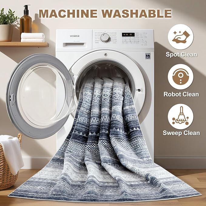 Nakagishi Boho 6x9 Area Rug Living Room Rugs Machine Washable Blue | Soft, Pet & Kid Friendly, Carpet for Living Room/Bedroom/Office/Kitchen/Nursery, Daily Home Decor Stain Resistant Moroccan