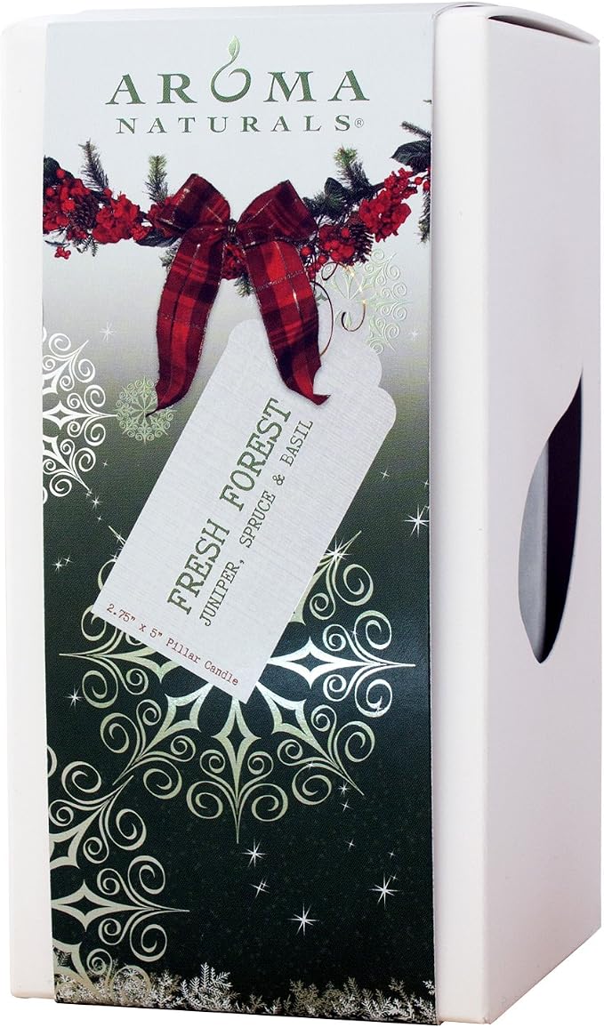 Aroma Naturals Holiday Juniper, Spruce and Basil Essential Oil Pillar Candle, Fresh Forest, 2.75 inch x 5 inch