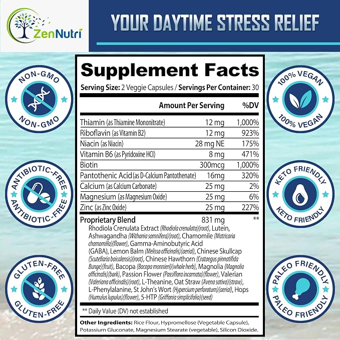 Calm Prime Stress Relief Supplement Non-Drowsy | Mood Support Supplement | Mood Boost | Vegan Daytime Stress Supplements Calm Aid | Stress Vitamins - Ashwagandha, Valerian Root - 60 Count